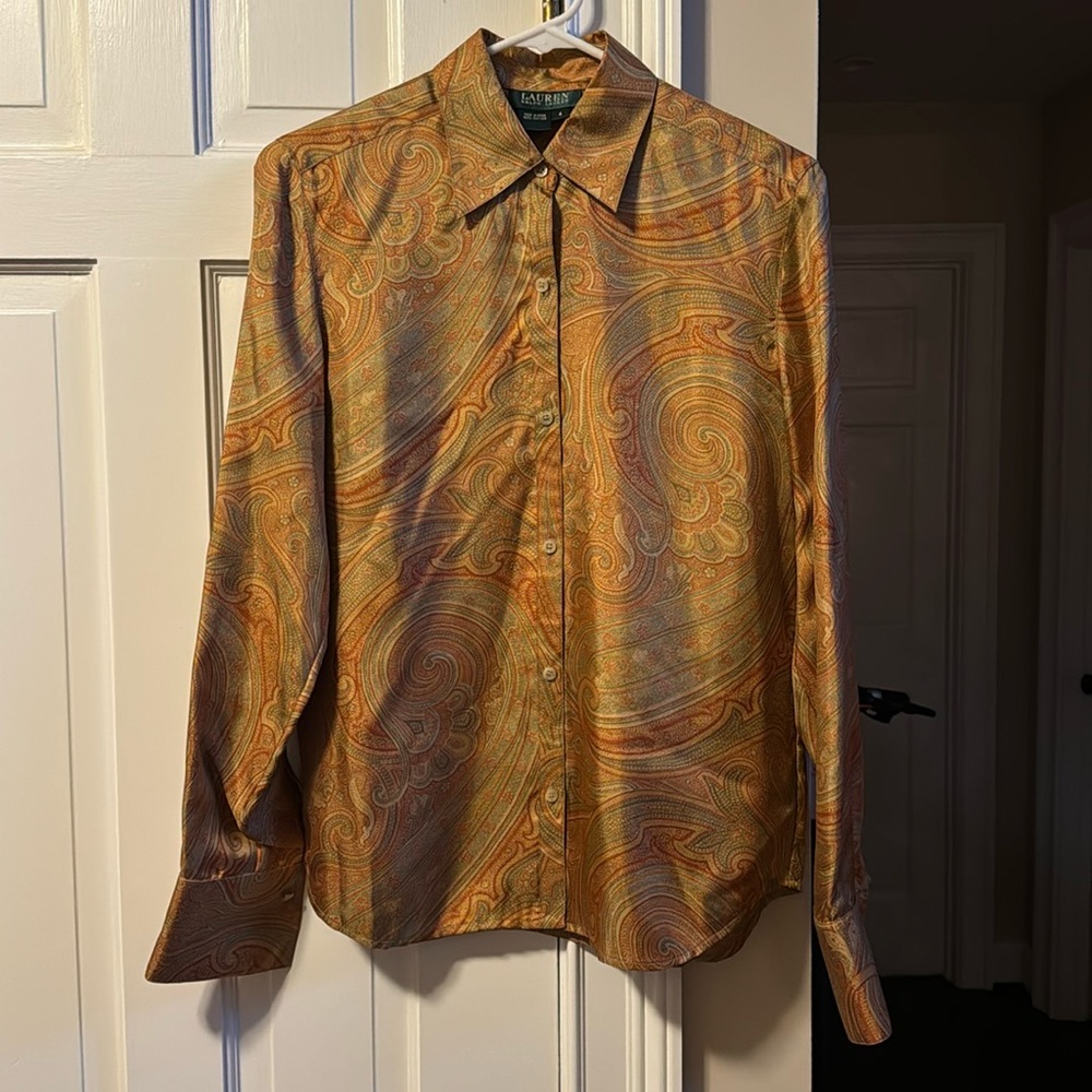 VTG LAUREN Ralph Lauren 100% silk long sleeve gold paisley button down. 4.